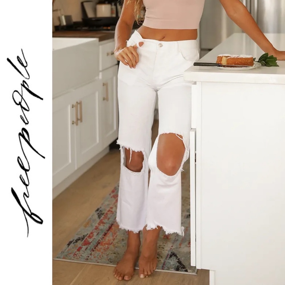 Maggie White Distressed Mid Rise Straight Leg Cropped Jeans